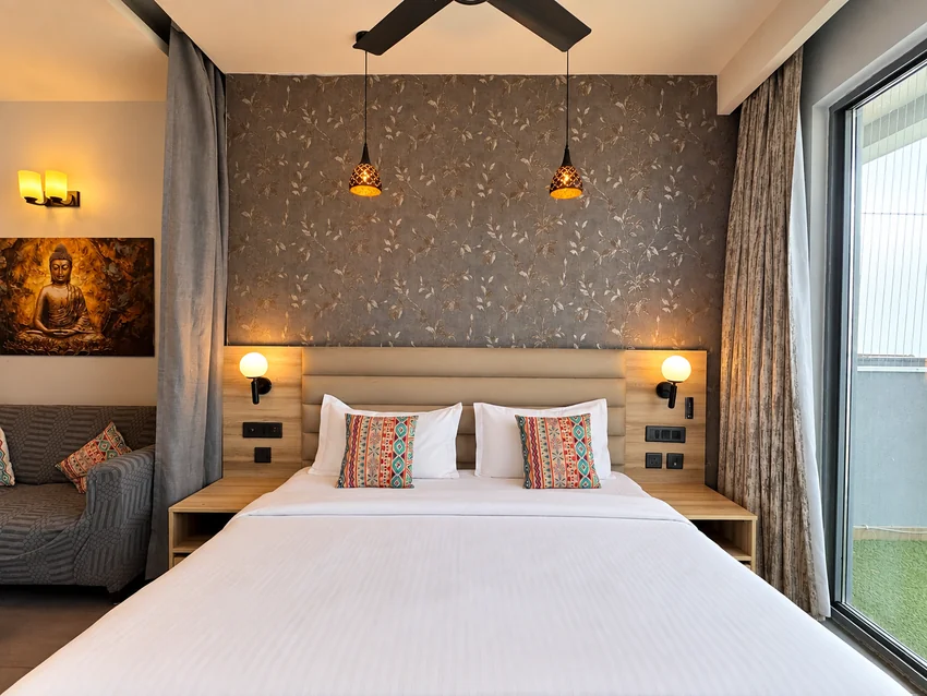 Studio apartment with sofa, kitchen, bedroom and balcony view at Mulberry Homes, Supernova Spira Noida
