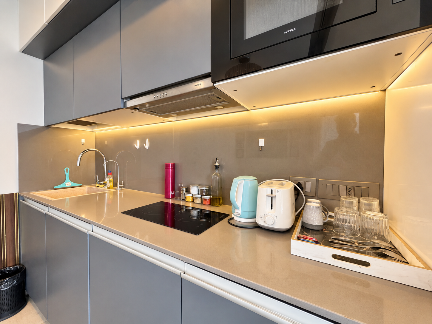 Kitchenette appliances counter at RiverCrest 39, Supernova Spira room booking