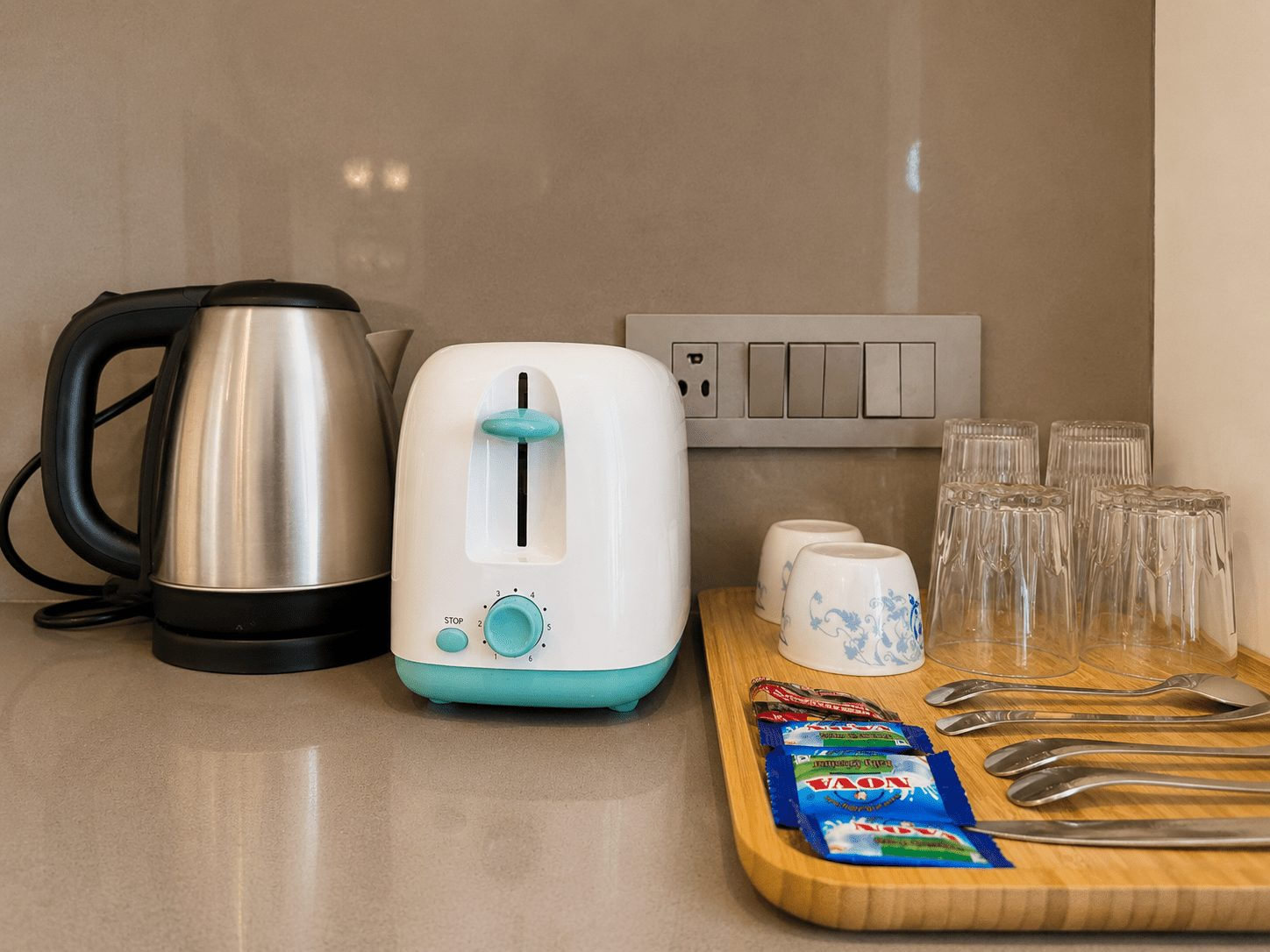 Electric kettle, toaster and crockery at UrbanAura Studio 37, Supernova Spira Noida