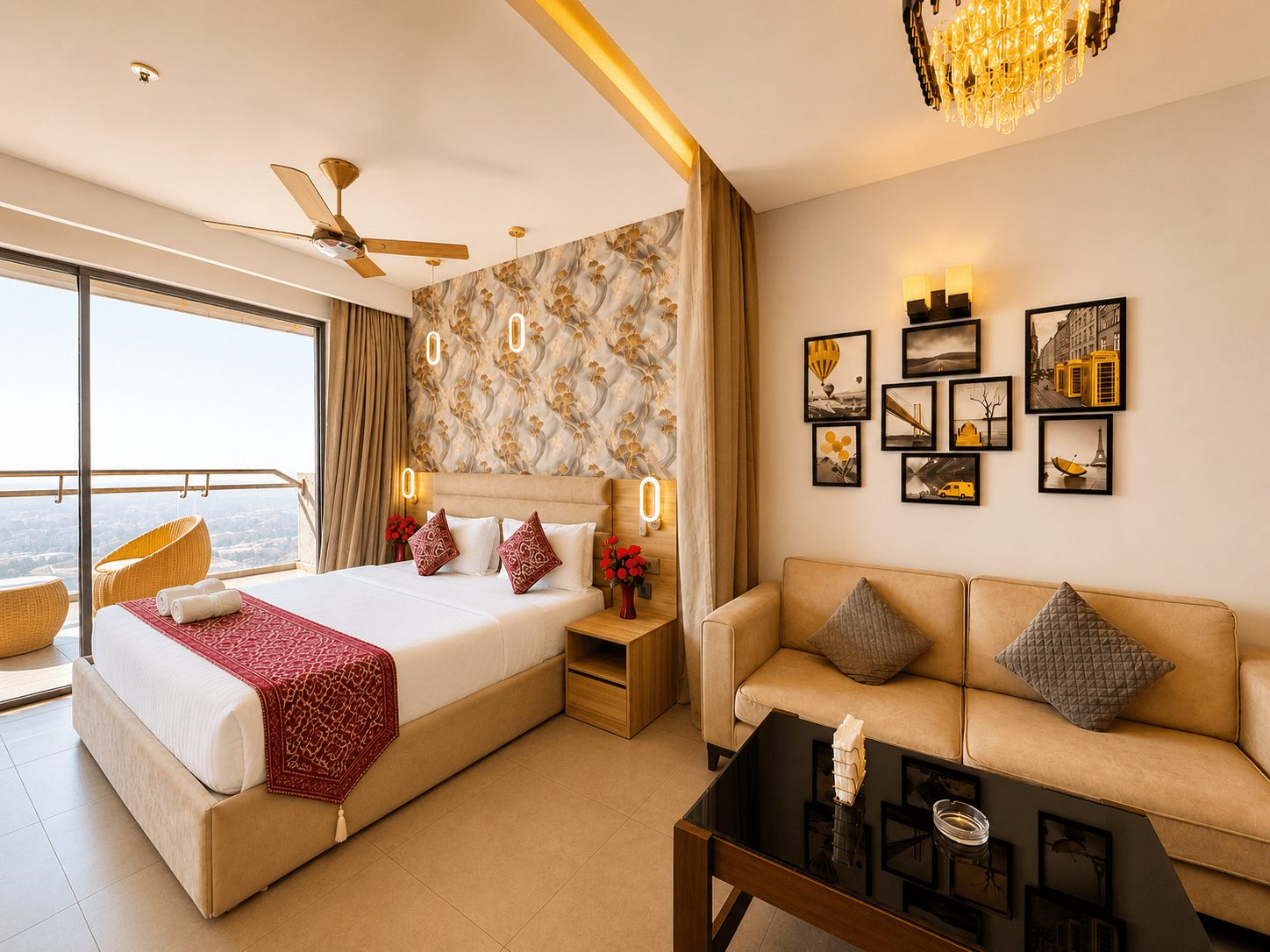 Studio with king bed, sofa and balcony view at UrbanAura Studio 37, Supernova Spira Noida