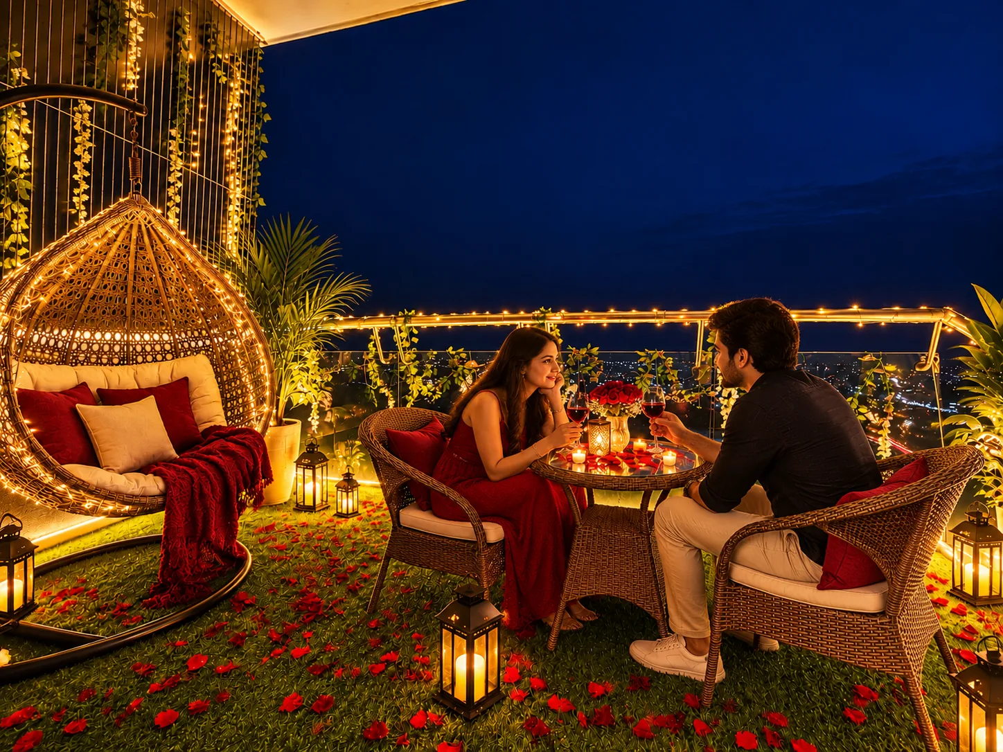 Couple-friendly stay in Supernova Spira Noida — candlelight balcony dinner with city view at Mulberry Homes