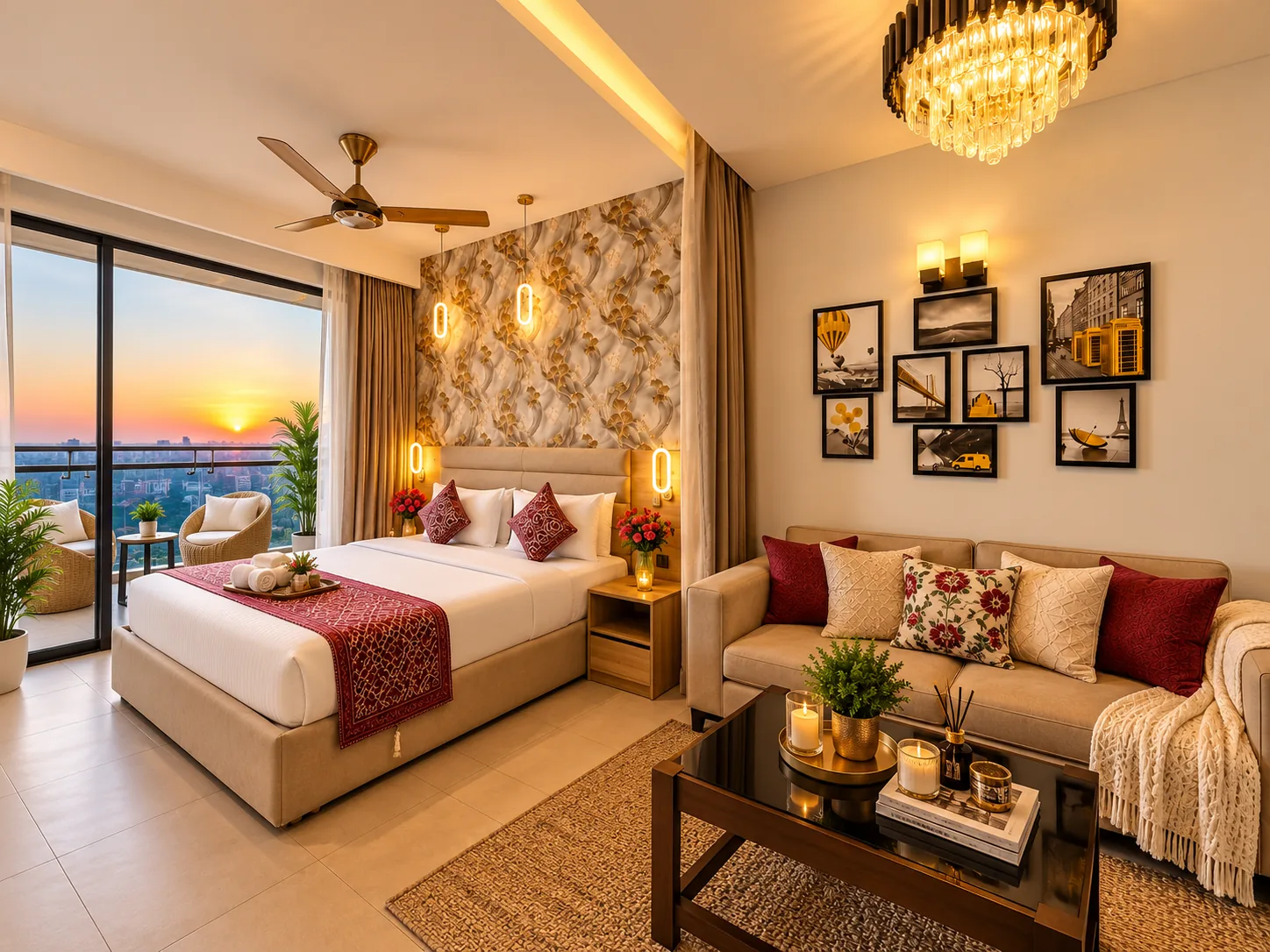 Styled room with sunset balcony for shoots and content at Mulberry Homes, Supernova Noida