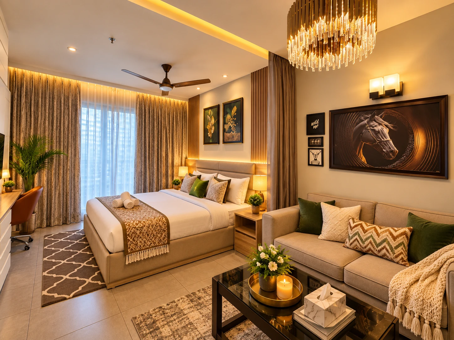 Studio Bedroom and Living Area at Supernova Noida — Furnished Monthly Service Apartment Sector 94