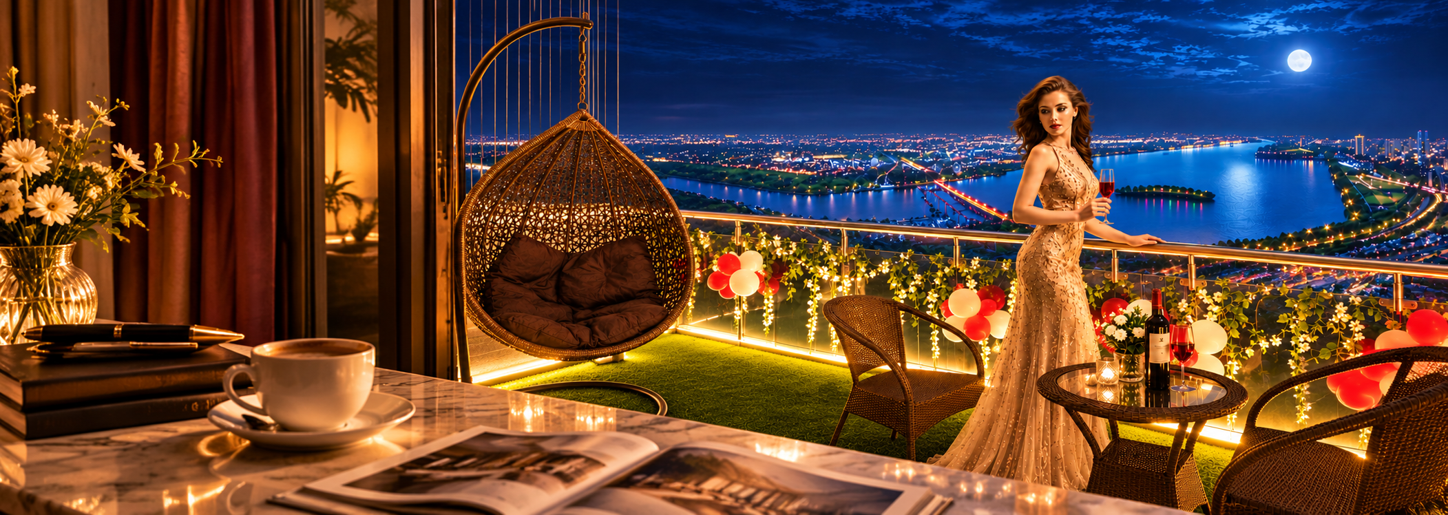 Private balcony night view at Supernova Spira Airbnb — stay in Supernova Noida with river and city skyline