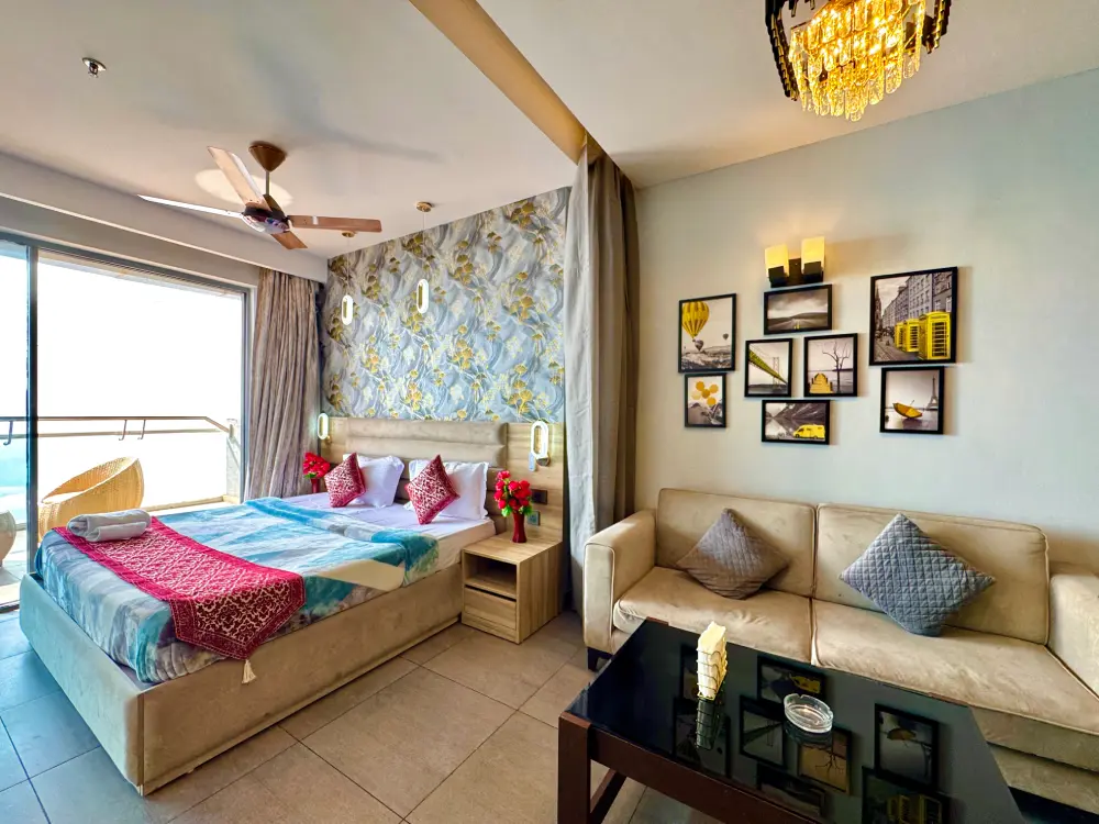 Red-themed bedroom at Mulberry Homes Supernova Noida