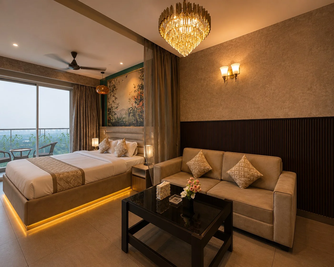 King bed with botanical mural and lounge at SkyRiver 43, stay in Supernova Noida