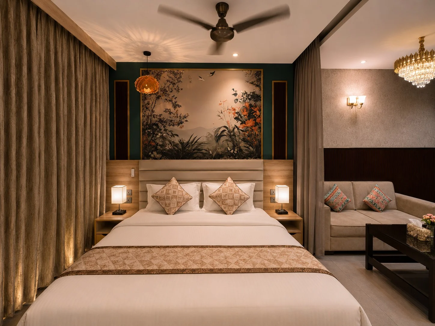 King bed and mural lounge sofa at SkyRiver 43 service apartment, Noida