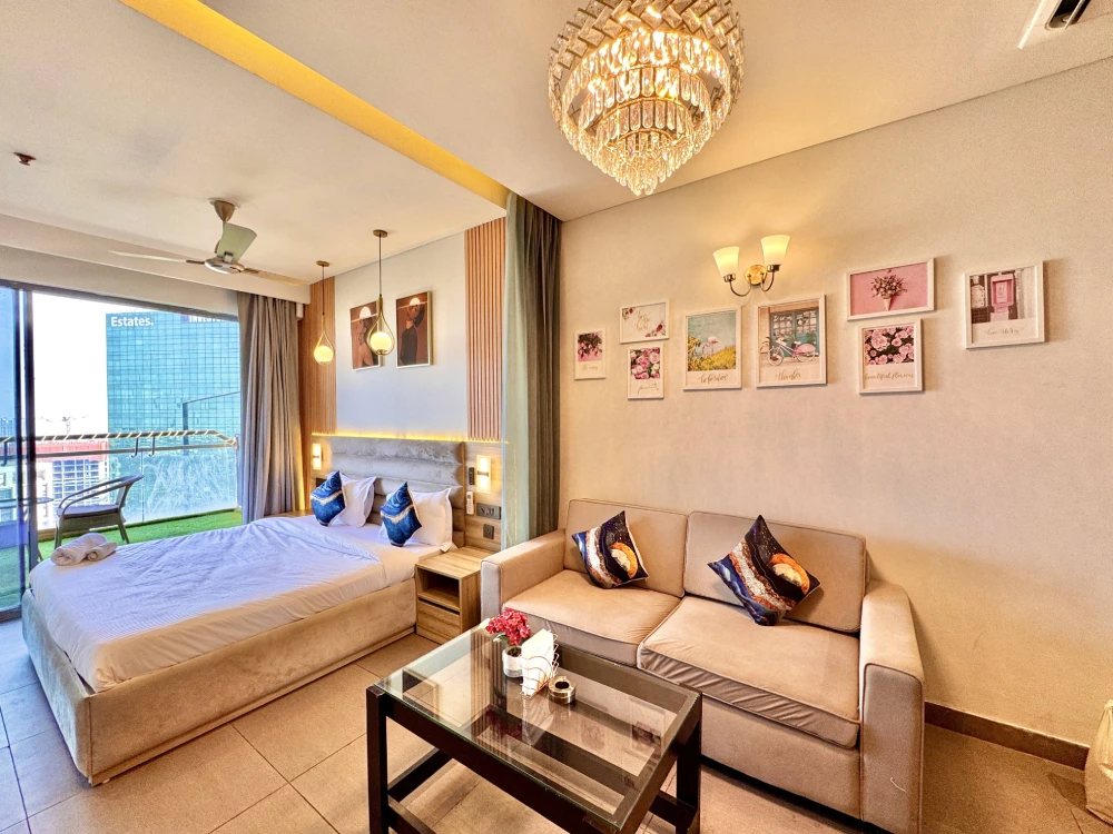 Elegant bedroom view at Skyline Stay 23 Supernova Spira Noida