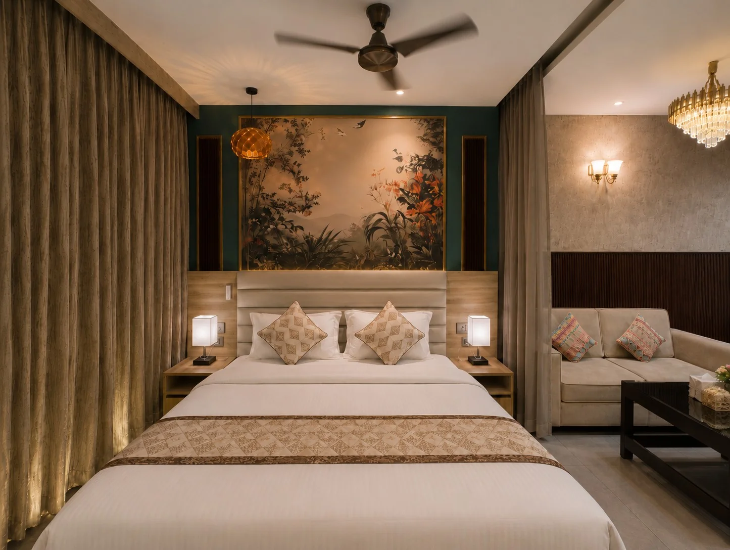SkyRiver 43 top-floor river view service apartment in Noida, king bed with mural and bedside lamps, Supernova Spira Sector 94