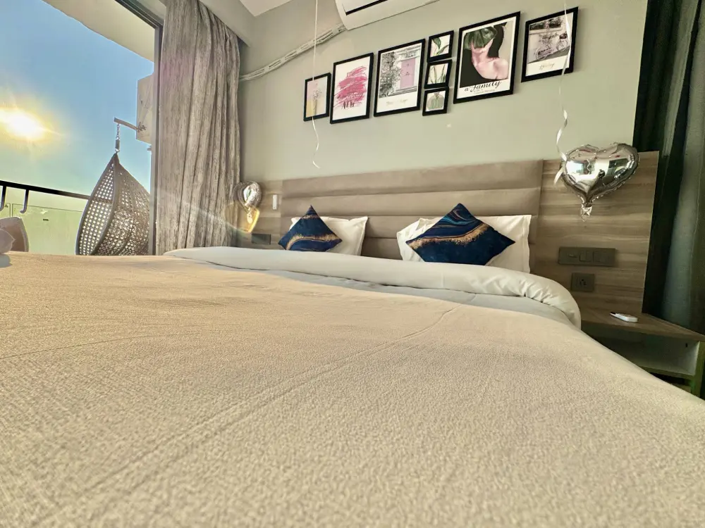 SkyRiver 43 luxury bedroom with king size bed in Supernova Noida apartment