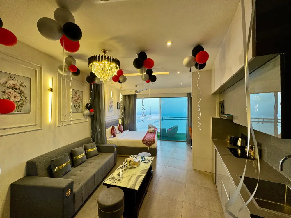 living room with anniversary decor in Panorama 32 Mulberry Homes Noida