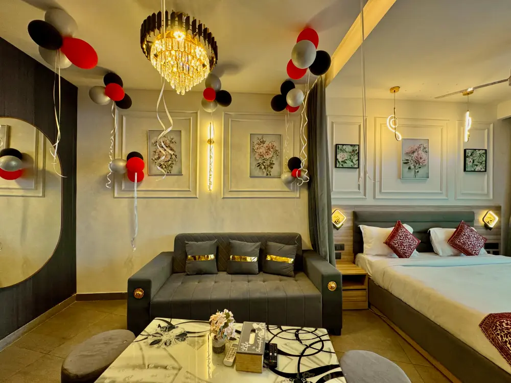 romantic decor in bedroom at Panorama 32 Supernova Noida