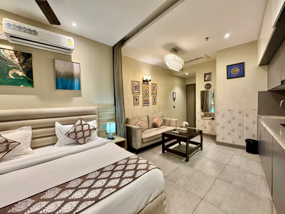 Cozy bedroom with curtains at Mulberry Homes Supernova Noida