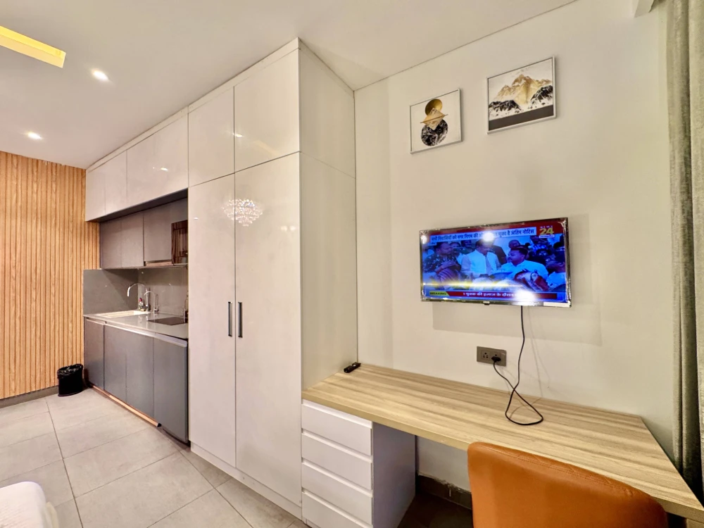 Supernova Spira Noida luxurious room decor – Skyline Stay city view apartment