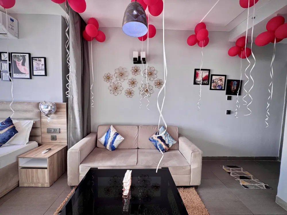Romantic decoration setup at SkyRiver 43 apartment for couples in Noida
